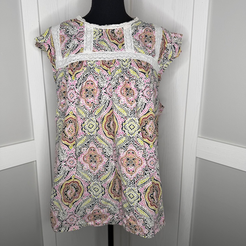 Lane Bryant Blouse Women 26 Multi-Color Paisley Lace Trim Flutter Sleeve Top